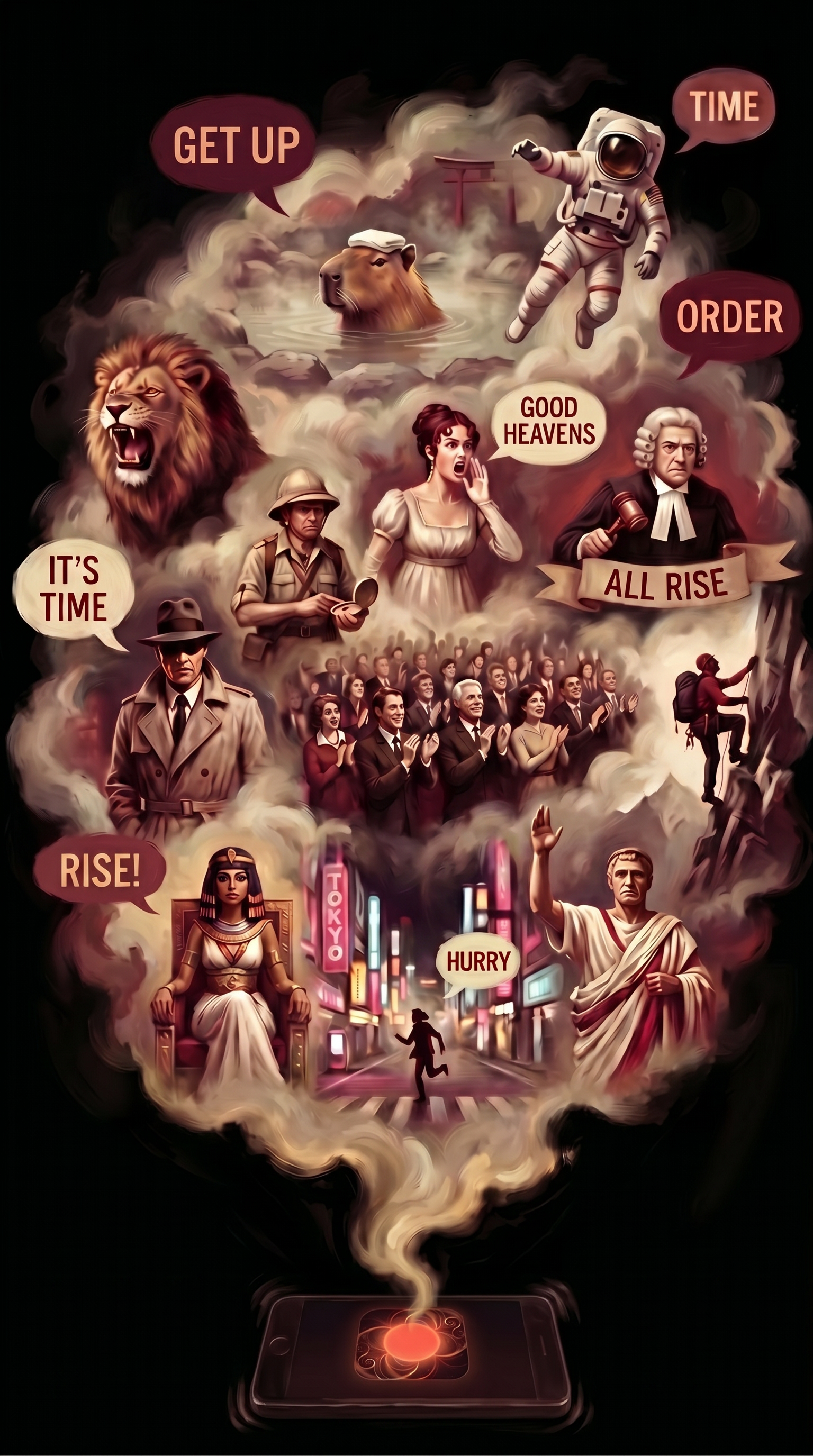Alarmesque AI alarm clock illustration: a cast of wake-up scene characters (capybara, astronaut, lion, judge, detective, Tsukiji market, Roman, Cleopatra) emerging as smoke from a phone with a glowing red alarm